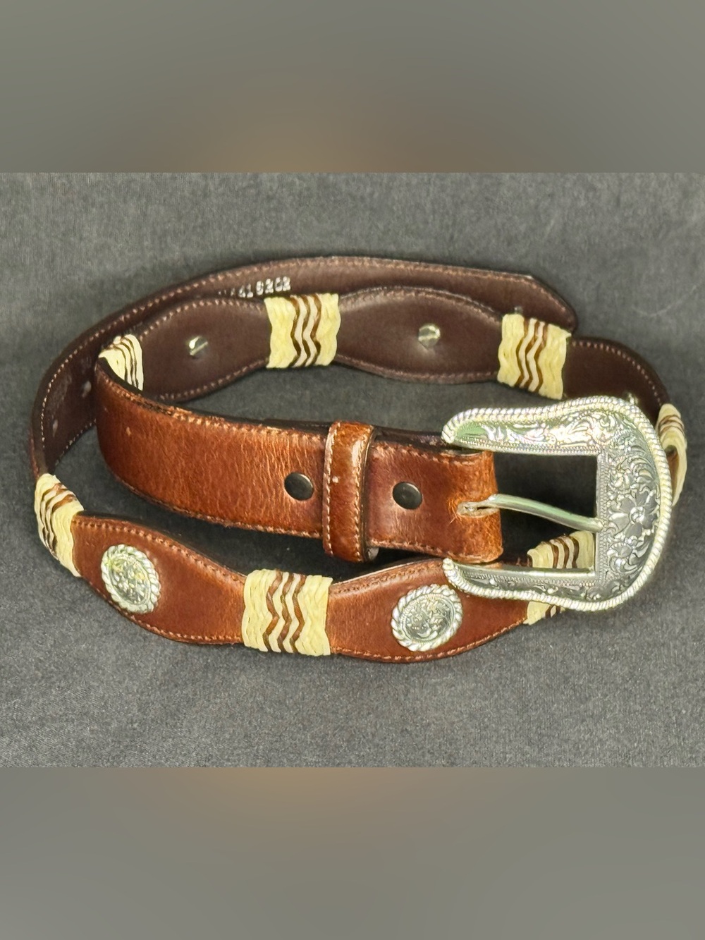 Nacona Western Belt Leather with Silver Tone & Woven Rawhide Accents Women’s 30
